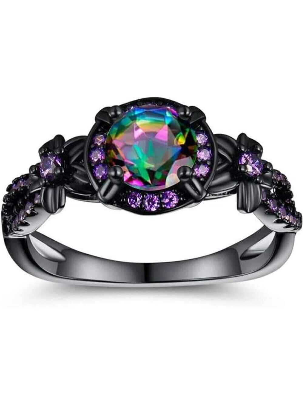 Women Eternity Ring 18K Black Gold Plated Mystic Topaz Halo Statement Jewelry